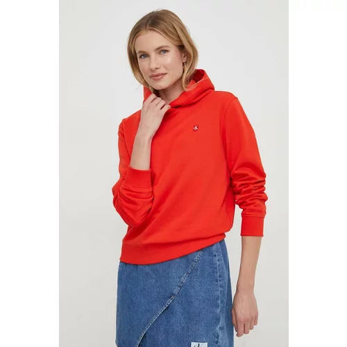 Calvin Klein Jeans Pulover ženska, rdeča barva, s kapuco
