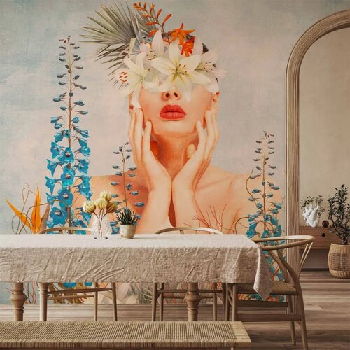  Foto tapeta - Nature in thought - female figure among flowers on a patterned background 450x315 Vodootporna Cene