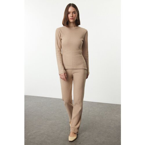 Trendyol Camel Side Slits Regular/Normal Cut Crew Neck Knitted Bottom-Top Set Cene