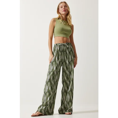  Women's Khaki Patterned Flowing Viscose Palazzo Trousers