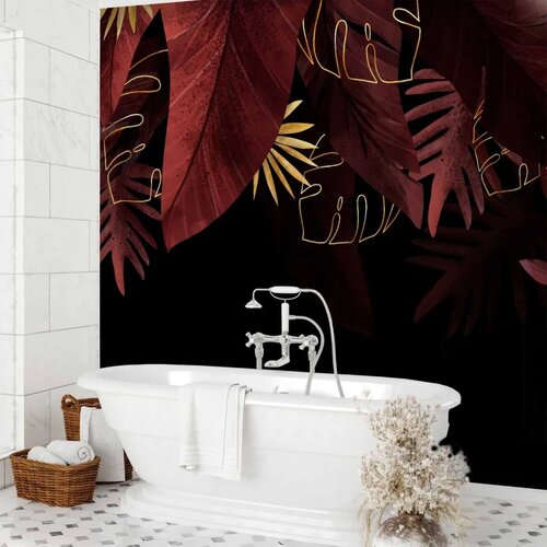  Foto tapeta - Jungle and composition - red and gold leaf motif on black background 350x256 Slike