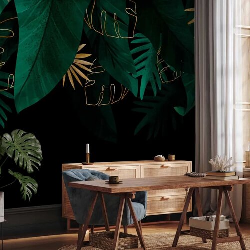  Foto tapeta - Jungle and composition - motif of green and golden leaves on a black background 500x350 Slike