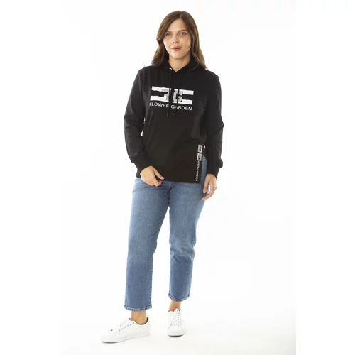 Şans Women's Plus Size Black Stone And Print Detailed Hooded Side Slit Sweatshirt