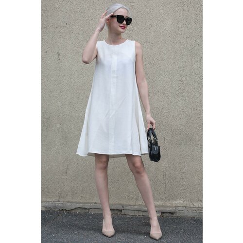 Madmext White Zero Sleeve Loose Linen Dress Slike