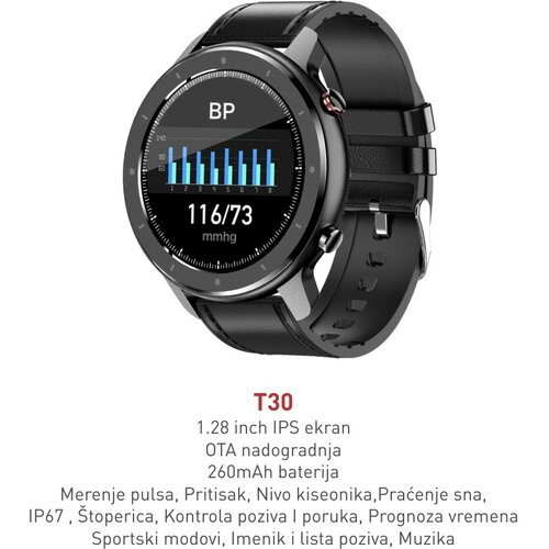 Smart Watch T30 (kožna narukvica) crna pametni sat Slike