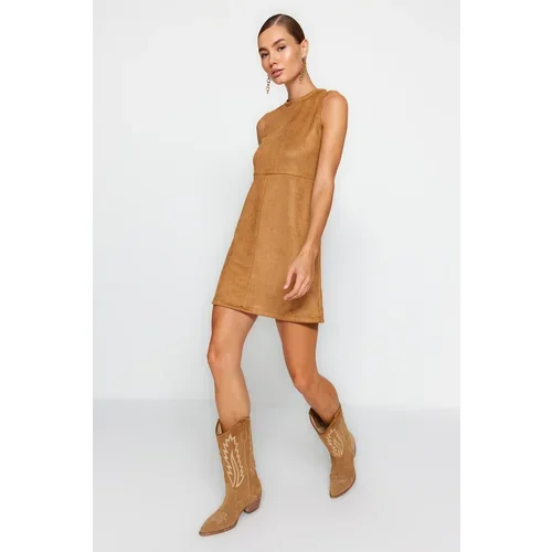 Trendyol Camel Crew Neck Shift/Plain Mini Suede Knitted Dress with Stitching Detail