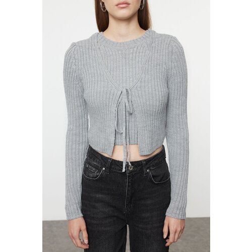 Trendyol Gray Crop Blouse-Cardigan Set Knitwear Cardigan Slike