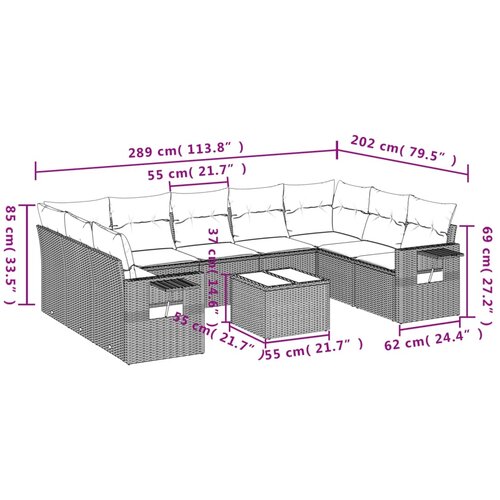  10-dijelni set vrtnih sofa s jastucima crni od poliratana Crna 85 x 62 x 69 cm Slike