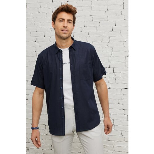 AC&Co / Altınyıldız Classics Men's Navy Blue Comfort Fit Comfy Cut Buttoned Collar Linen-Looking 100% Cotton Short Sleeve Shirt. Slike