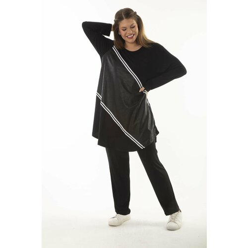 Şans Women's Plus Size Black Faux Leather And Stripe Detailed Sweatshirt Trousers Double Suit Slike