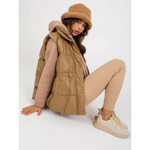 Fashion Hunters Camel down vest made of eco leather with pockets