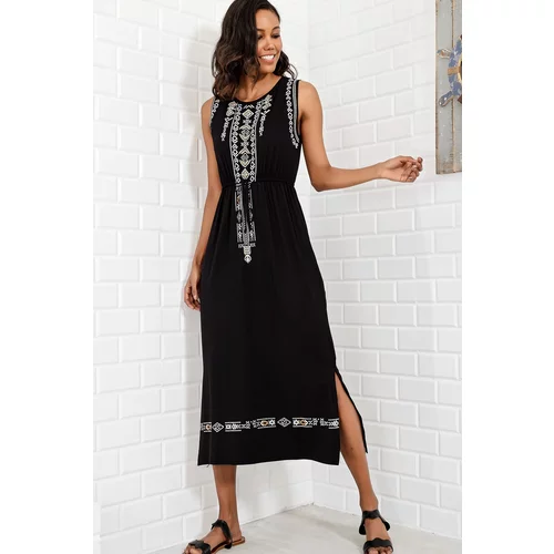 Trend Alaçatı Stili Women's Black Embroidery Printed Bohemian Dress