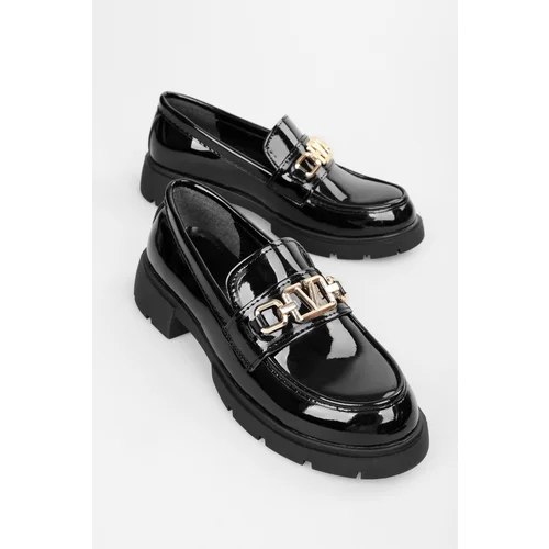 Shoeberry Women's Alto Black Patent Leather Buckle Detail Loafer