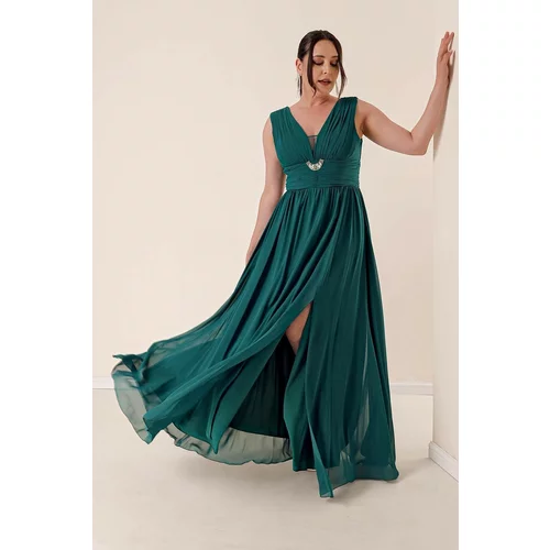 By Saygı Front Back V-Neck Stone Detailed Waist Draped Plus Size Chiffon Long Dress with a Front Slit Emerald