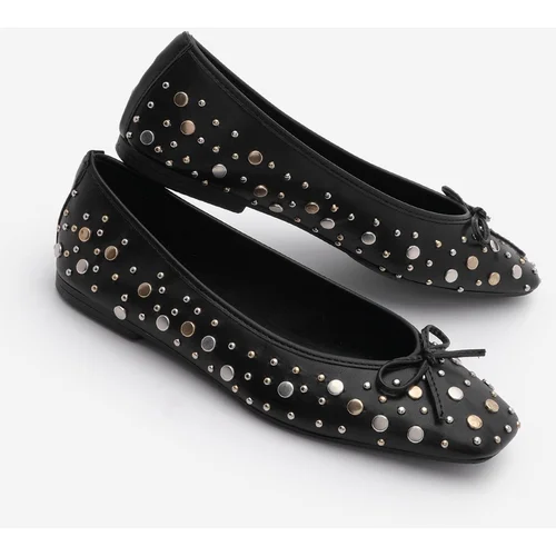 Marjin Women's Blunt Toe Studded Bow Detail Casual Ballerinas Vandera Black