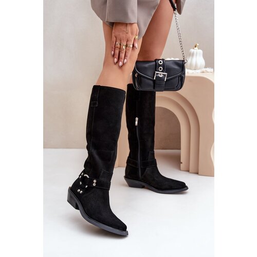 Zazoo Suede Cowboy Boots On Low Heel With Decoration 3656 Black Slike