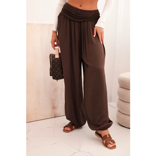 Kesi Włoski Women's viscose trousers with wide leg and ruffles brown Cene