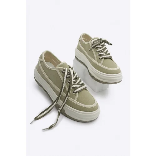 Marjin Women's Sneaker High Sole Lace Up Cloth Sports Shoes Kotnel Khaki