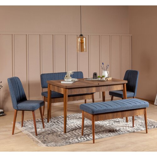Hanah home Vina Walnut Dark Blue WalnutTamno plavi produÅ¾ivi trpezarijski sto i set stolica (5 delova) Cene