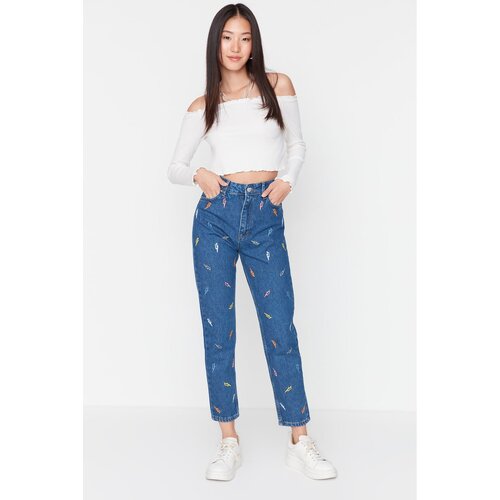 Trendyol Dark Blue Embroidered High Waist Mom Jeans Slike