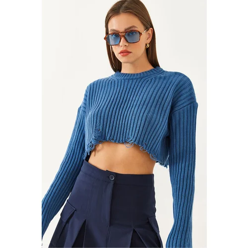 Bianco Lucci Women's Crew Neck Ripped Detail Crop Knitwear Sweater