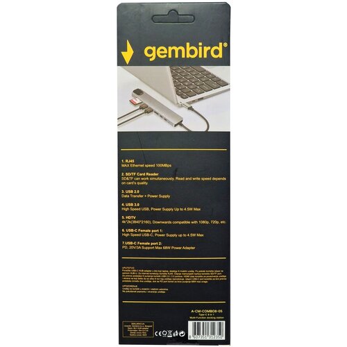 Gembird A-CM-COMBO8-05 USB HUB Type-C 8-in-1 multi-port adapter USB-C+USB-A+HDMI+PD+card+RJ45 Cene