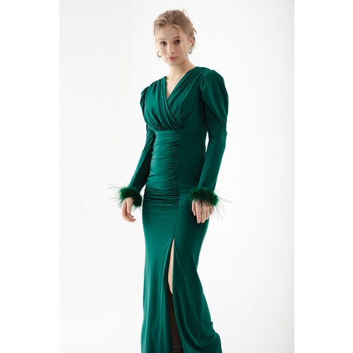 Lafaba Women's Emerald Green Double Breasted Neck Sleeves Feather Slit Evening Dress Slike