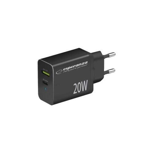  USB punjač Type-C + USB-A, ESPERANZA QUICK POWER CHARGER 20W USB-C PD 20W / USB-A QC 3.0 18W BLACK, EZC105K Cene