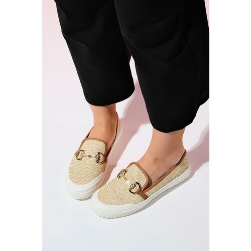 LuviShoes BARCELOS Women's Beige Straw Buckle Loafer Shoes Slike