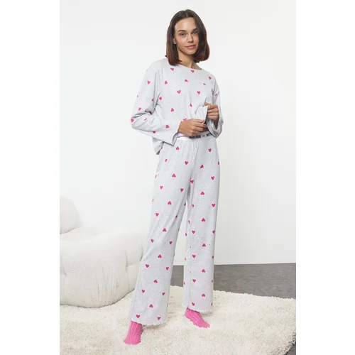 Trendyol Grey Melange Heart Slogan Printed Elastic Knitted Pajama Set