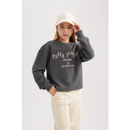 Defacto Girl Crop Printed Crew Neck Sweatshirt Cene