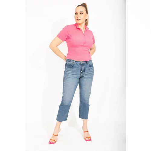 Şans Women's Blue Plus Size 5 Pockets Jeans with Washing Effect Legs with Dirty Stitching, Ankle-Length.