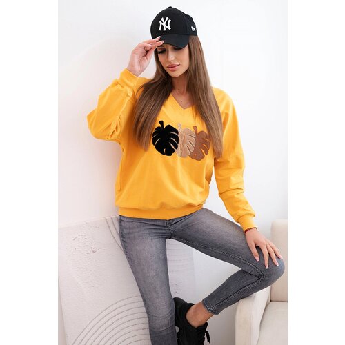 Kesi Women&amp;#039;s sweatshirt with a V-neck and velvet leaf mustard Slike