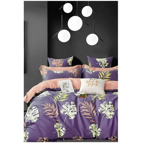Mila Home Ljubičasta pamučna posteljina za bračni krevet/za produženi krevet s uključenom plahtom/4-dijelna 200x220 cm Leaves –