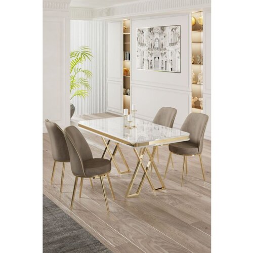 Hanah home Vals - White, Gold, Cappuccino WhiteGoldCappucino Dining Table & Chairs Set (5 Pieces) Cene