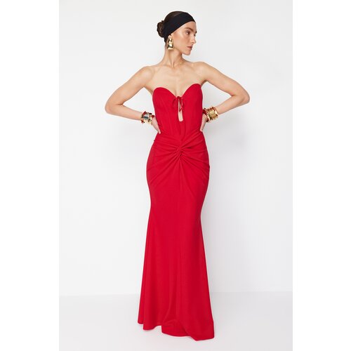 Trendyol X Zeynep Tosun Red Fish Knitting Detailed Long Evening Dress &amp;amp; Graduation Dress Slike