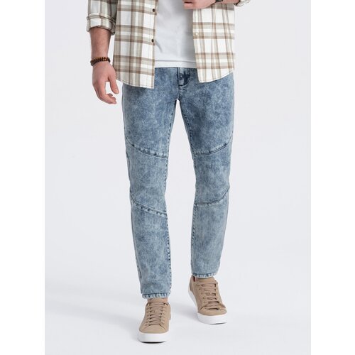 Ombre Men's slim fit denim pants with stitching at the knees - blue Cene