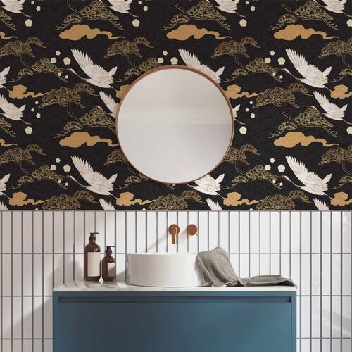  Tapeta - Oriental impressions - decorative pattern with a motif of flying cranes on a dark background 50x1000 Vodootporna Slike