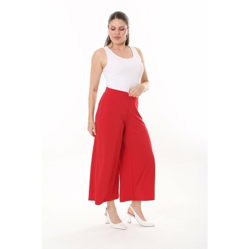 Şans Women's Plus Size Red Wide Leg Elastic Waist Sandy Fabric Trousers 65N37443 Cene