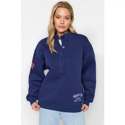 Trendyol Navy Blue Thick Fleece Inside Embroidery and Button Detail Stand-Up Collar Oversized Knitted Sweatshirt