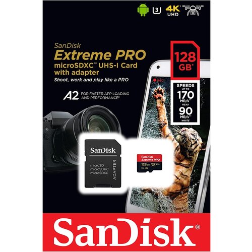 San Disk Extreme Pro 128 GB 170MB/s micro SDXC UHS-I, U3, V30, A2 Slike
