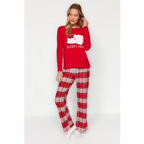 Trendyol Red Teddy Bear Printed Tshirt-Pants and Knitted Pajamas Set Cene