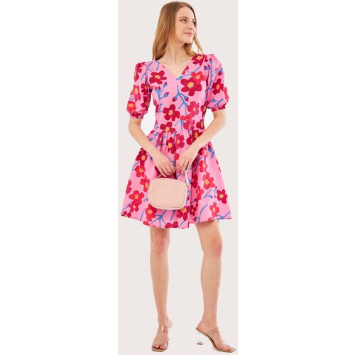 armonika Women's Pink Front Back V Neck Balloon Sleeve Belt Detailed Patterned Mini Dress Slike