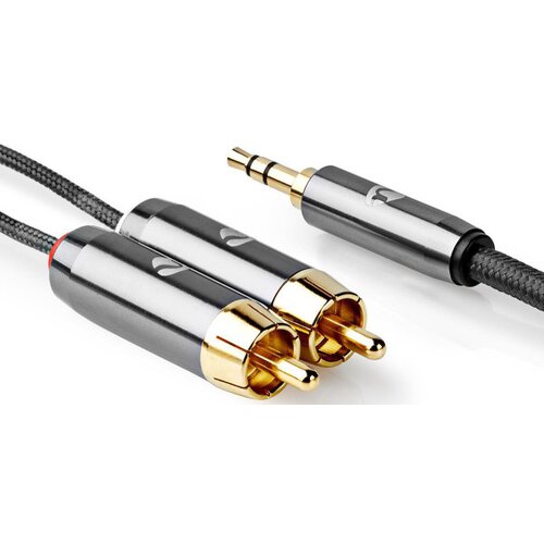 Nedis CATB22200GY50, Stereo audio kabl, 3,5 mm mu&scaron;ki, 2x RCA mu&scaron;ki, Pozlaceni, 5,00 m, Okrugli, Sivo-metal Cene