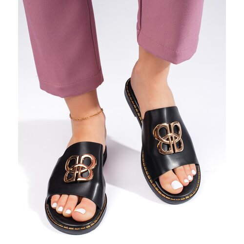 Shelvt Black women's flip-flops with decoration Cene