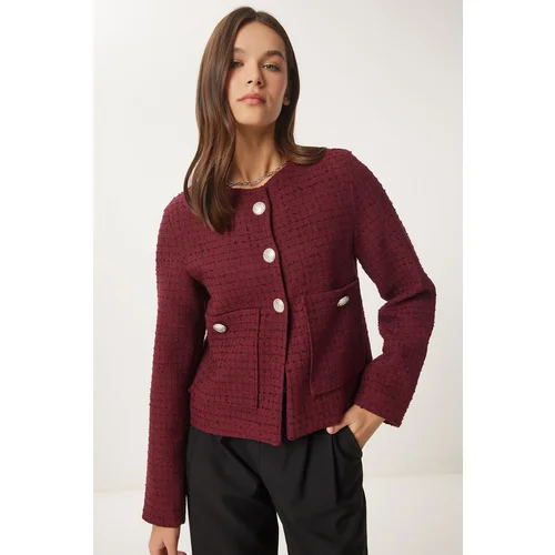 Happiness İstanbul Women's Burgundy Buttoned Tweed Jacket