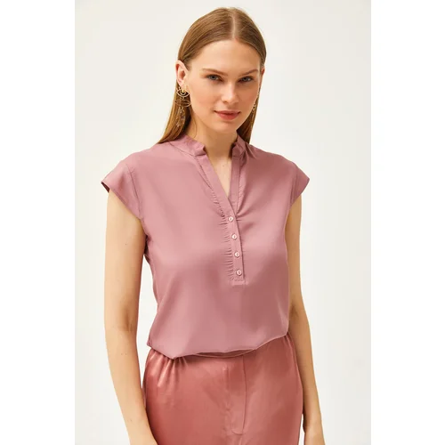 Olalook Women's Dusty Rose V-Neck 4-Button Viscose Blouse