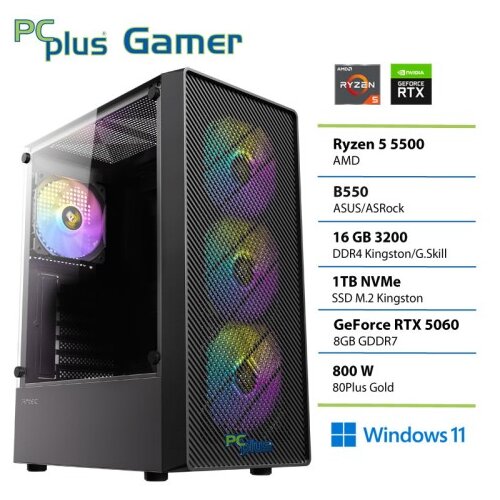 PCPLUS Gamer Ryzen 5 5500 16GB 1TB SSD RTX 5060 8GB Windows 11 Home gaming namizni računalnik Cene