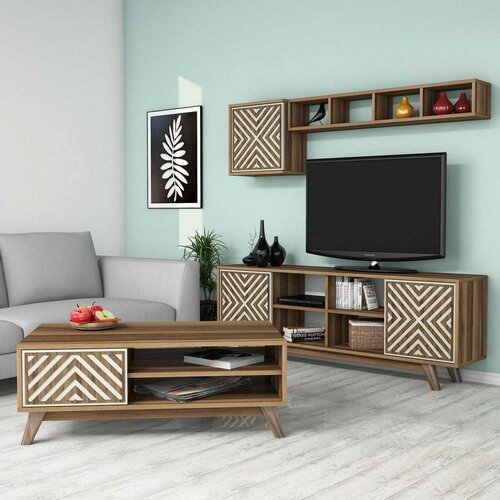 Woody Fashion Set TV komoda i klub sto Inci, 4 komada, Orah-krem Slike