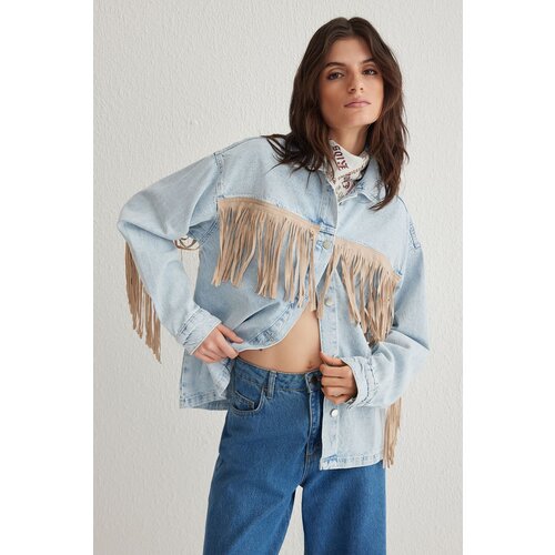 Trendyol light blue suede tassel oversize denim jacket Slike